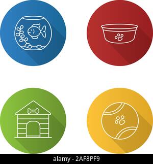 Animaux domestiques alimentation linéaire plat long shadow icons set. Chien, aquarium bol, niche, toy ball. Contour Vector illustration Illustration de Vecteur