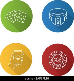Plats linéaires Casino ombre portée de l'icons set. Doubledown puce, quatre as, surveillance camera, casino en ligne. Contour Vector illustration Illustration de Vecteur