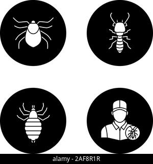 Glyphe antiparasitaires icons set. Mite, termite, exterminateur, pou. Vector silhouettes blanc illustrations de cercles noirs Illustration de Vecteur