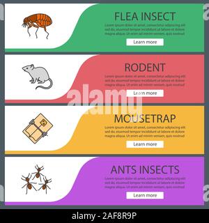 Modèles de page web de lutte contre les ravageurs. Brocante, rongeur, mousetrap, fourmis. Couleur du site Menu avec icônes linéaire. En-têtes Vector design concepts Illustration de Vecteur