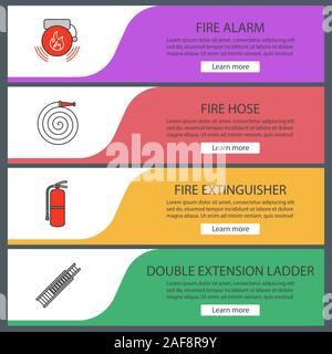 Modèles de page web de lutte contre les incendies. Sac d'alarme, le tuyau d'incendie, l'extincteur, double échelle de prolongation. Couleur du site Web d'éléments de menu. En-têtes vecteur co design Illustration de Vecteur