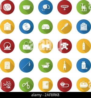 Fournitures animaux modèle plat long shadow glyphe icons set. Les animaux domestiques de marchandises. Les animaux de la nourriture, les jouets, les accessoires, les maisons. Silhouette Vector illustration Illustration de Vecteur