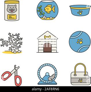 Animaux domestiques couleur fournitures icons set. Les conserves de nourriture pour chat, chien, aquarium bol, algues, niche, toy ball, coupe-ongles, roue de hamster, animaux domestiques bag transporteur. Isola Illustration de Vecteur