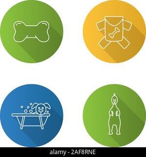 Animaux domestiques alimentation linéaire plat long shadow icons set. L'os du chien toy, animaux vêtements, service de toilettage, poulet en caoutchouc. Contour Vector illustration Illustration de Vecteur