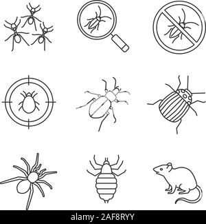 Linéaire antiparasitaires icons set. La recherche de blattes, fourmis, cafards, arrêt cible d'acariens, Zabre, colorado bug, spider, Louise, de rongeurs. Fine ligne con Illustration de Vecteur