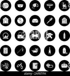 Glyphe de fournitures Animaux icons set. Les animaux domestiques de marchandises. Les animaux de la nourriture, les jouets, les accessoires, les maisons. Vector silhouettes blanc illustrations de cercles noirs Illustration de Vecteur