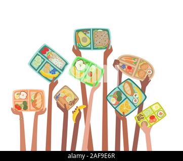 Enfants hands holding up boîtes à lunch avec des aliments sains repas à l'école nutrition concept avec lunch Illustration de Vecteur