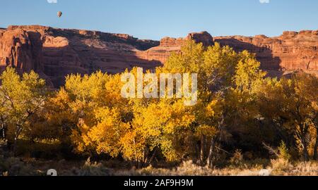 Une montgolfière survolant Arches National Park près de Moab, Utah. Au premier plan sont des arbres cottonwood avec la couleur de l'automne. Banque D'Images