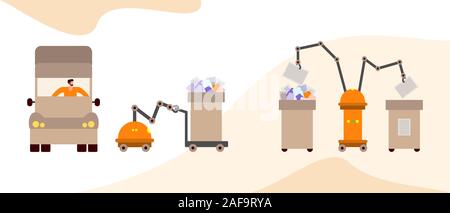 Vector illustration une collecte, le transport, le tri, le recyclage des déchets par les personnes, d'un robot. Tri des déchets concept de gestion. Eco friendl Illustration de Vecteur