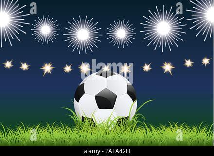 Stade de football avec ballon et feux de la nuit. Illustration de Vecteur