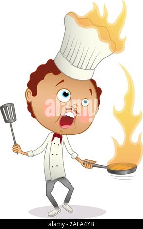 Chef de bande dessinée avec une casserole et une cuisson turner un flambe avec son chapeau en flammes. Isolé sur blanc. Illustration de Vecteur