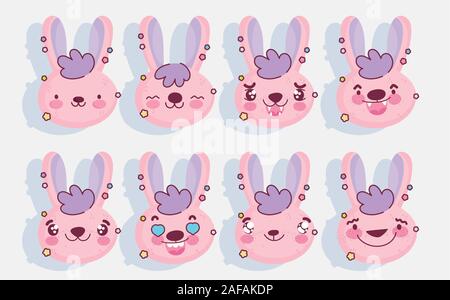 Émoticônes kawaii cartoon cute faces lapin rose vector illustration Illustration de Vecteur