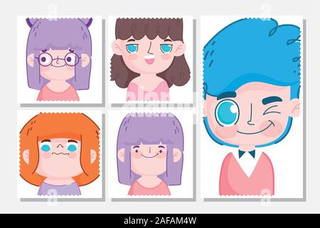 Émoticônes kawaii cartoon kids faces différentes expressions vector illustration Illustration de Vecteur