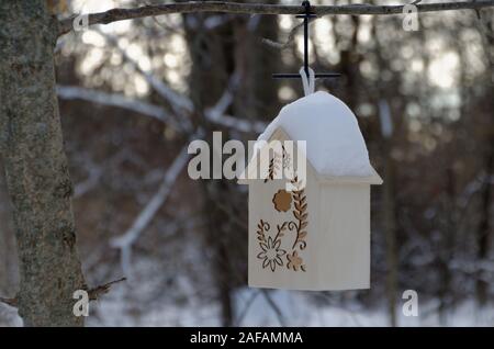 Une petite cabane est accroché une branche d'arbre en hiver avec la neige sur le toit Banque D'Images