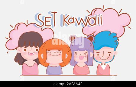 Émoticônes kawaii cartoon visages jeu de filles et garçons vector illustration Illustration de Vecteur