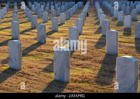 Les rangées de pierres tombales militaires projettent de grandes ombres au coucher du soleil dans le Cimetière National de Salisbury en Caroline du Nord. Banque D'Images