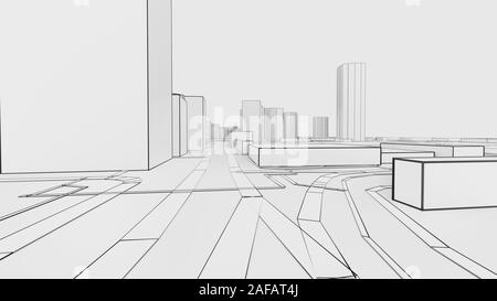 Un schéma ou un croquis d'un 3D White city avec les bâtiments et les routes. Décrire le style. 3D illustration. Concept de l'industrie de la construction Banque D'Images