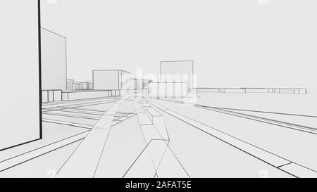 Un schéma ou un croquis d'un 3D White city avec les bâtiments et les routes. Décrire le style. 3D illustration. Concept de l'industrie de la construction Banque D'Images