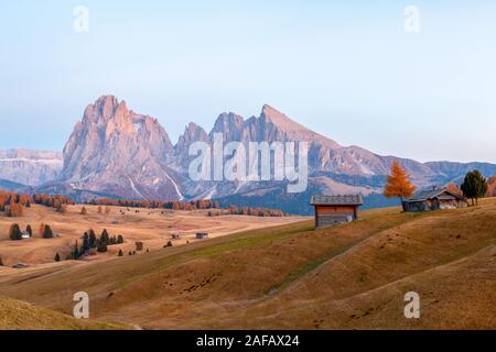 Mountain meadow house et Alpe di Siusi Alpe di Siusi ou à l'arrière-plan de montagnes Langkofel au coucher du soleil avec la Province de Bolzano, dans le Tyrol du Sud ne Banque D'Images