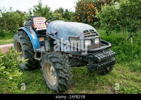 Ancien Bleu tracteur sur le jardin meadows Banque D'Images