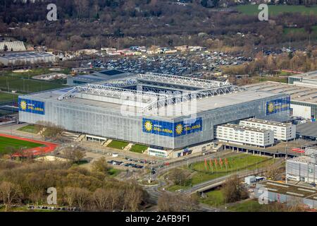 Photo aérienne, MERKUR SPIEL-ARENA, Messe Düsseldorf am Rhein, nouveau bâtiment, Düsseldorf, Rhénanie, Hesse, ALLEMAGNE, DE, l'Europe, les oiseaux-e Banque D'Images