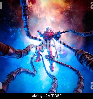 La terreur au-delà des étoiles / 3D illustration de la science-fiction pulp rétro scène montrant femme astronaute capturé par tentacled monster dans l'savs Banque D'Images