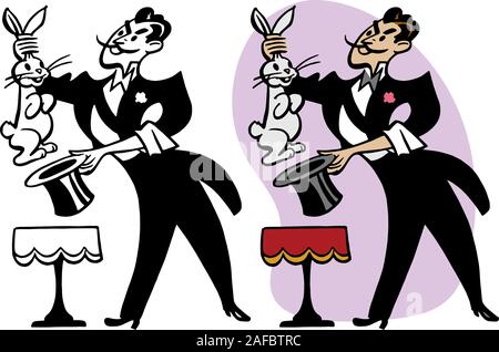 Une caricature d'un magicien d'effectuer le tour de magie de tirer un lapin de son chapeau. Illustration de Vecteur