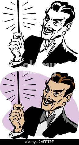 Une caricature d'un magicien levant la baguette magique. Illustration de Vecteur