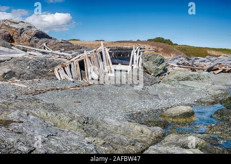 Morceaux de bois flotté ont été tiré jusqu'à s'appuyer contre les rochers pour former de grands abri sur la plage près de Camp américain sur l'île San Juan. Banque D'Images