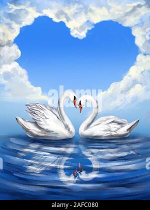 Deux oiseaux Cygne blanc sur un étang ensemble sur le fond du ciel avec des nuages en forme de coeur, symbole de l'amour, la Saint-Valentin, carte weddin Banque D'Images