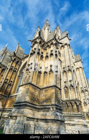 Vue du chantier de la cathédrale d'architecture gothique de la cathédrale de Lincoln dans la ville de Lincoln, Lincolnshire, East Midlands, Angleterre, RU Banque D'Images