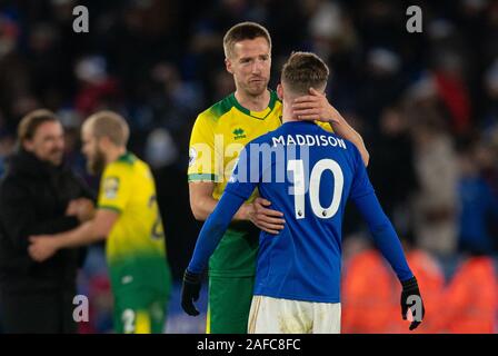 Leicester, Royaume-Uni. 14 Décembre, 2019. Marco Stiepermann de Norwich City avec James Maddison de Leicester City à temps plein au cours de la Premier League match entre Leicester City et Norwich City à la King Power Stadium, Leicester, Angleterre le 14 décembre 2019. Photo par Andy Rowland. Credit : premier Media Images/Alamy Live News Banque D'Images