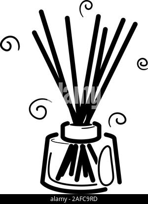 Aroma sticks en bois dans un bocal en verre. L'huile parfum liquide. Bâtonnets de fragrance d'air essentiel de l'aromathérapie. La médecine alternative. Spa et beauté ligne Cartoon pictogramme vectoriel isolé sur fond blanc. Illustration de Vecteur