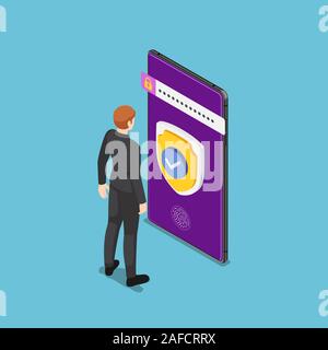 Télévision 3D isométrique businessman standing avec système de sécurité et de protection sur smartphone. Système de sécurité du Smartphone et de la protection des données. Illustration de Vecteur