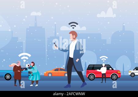 Les personnes qui utilisent les réseaux sociaux smartphones 5g sans fil de connexion du système de communication concept hommes femmes outdoor randonnée cityscape background vector illustration horizontale pleine longueur Illustration de Vecteur