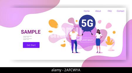 Homme Femme using smartphones 5G online chat communication bulle cinquième génération innovante de connexion internet moderne concept abstrait arrière-plan horizontal sur toute la longueur de l'espace de copie vector illustration Illustration de Vecteur