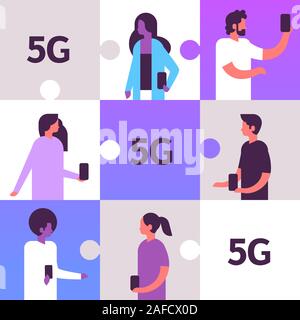 Mélanger ensemble les gens de race using smartphones 5G sans fil à internet en ligne la connexion d'un système de communication concept homme femme collection PUZZLE puzzle avatars portrait vector illustration Illustration de Vecteur