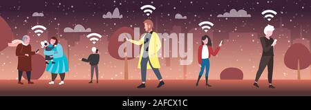 Les personnes qui utilisent les réseaux sociaux smartphones 5g sans fil de connexion du système de communication concept hommes femmes outdoor randonnée cityscape background vector illustration horizontale pleine longueur Illustration de Vecteur