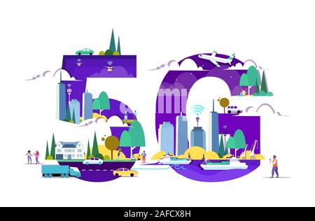 Les personnes qui utilisent les téléphones intelligents 5G sans fil de connexion du système en ligne voitures camion avion et navires de fret plus de drones cityscape background vector illustration pleine longueur horizontale Illustration de Vecteur