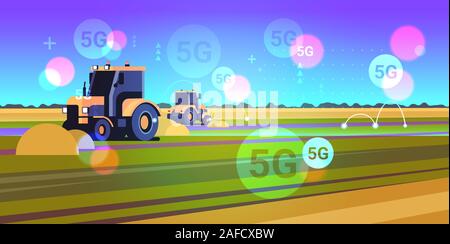 Le tracteur laboure la terre 5G sans fil de connexion en ligne Système de machinerie lourde travaillant dans le secteur de l'agriculture intelligente paysage concept contexte plate horizontale vector illustration Illustration de Vecteur