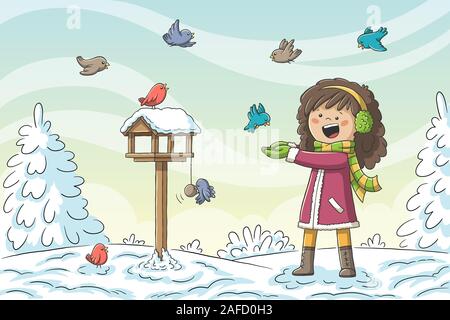 Les oiseaux en hiver fille rss. Hand drawn vector illustration avec des calques distincts. Illustration de Vecteur