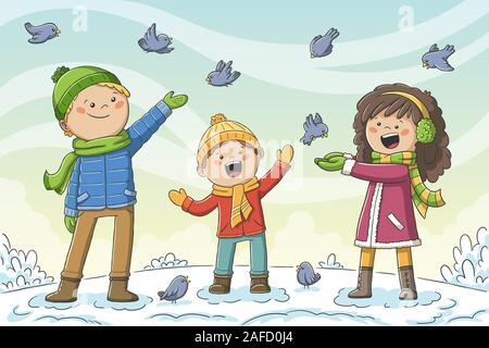 Les jeunes oiseaux rss en hiver. Hand drawn vector illustration avec des calques distincts. Illustration de Vecteur