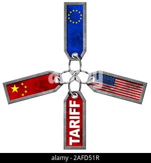 Aux Etats-Unis, en Chine et en Europe Union Européenne guerre commerciale Concept. Les étiquettes métalliques avec des drapeaux et texte Tarif, isolé sur fond blanc, 3D illustration et photo Banque D'Images