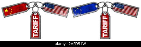 Aux Etats-Unis, en Chine et en Europe Union Européenne guerre commerciale Concept. Les étiquettes métalliques avec des drapeaux et texte Tarif, isolé sur fond blanc, 3D illustration et photo Banque D'Images