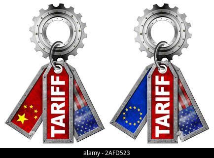 Aux Etats-Unis, en Chine et en Europe Union Européenne guerre commerciale Concept. Les étiquettes métalliques avec drapeaux et tarif texte accroché sur une vitesse, isolé sur fond blanc Banque D'Images