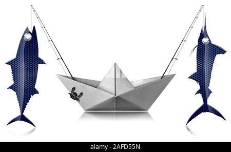 Pêche au gros concept. Bateau de pêche à la traîne du papier avec deux cannes à pêche et poissons pêchés, un thon et un espadon, isolé sur fond blanc. Banque D'Images