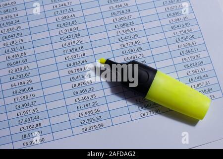 Feuille de calcul financier sur la livre sterling (Royaume-Uni), indiquant les quantités d'argent avec un marqueur jaune. Banque D'Images