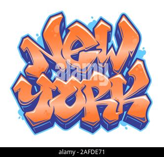 New York en lettrage style graffiti lisible dans des couleurs personnalisables orange et bleu. Isolé sur fond blanc. Illustration de Vecteur