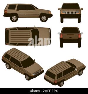 Ensemble avec la machine dans des positions différentes. Brown jeep avec vue isométrique. 3D. Vector illustration. Illustration de Vecteur