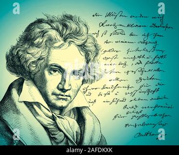 Lettre écrite par Beethoven à son éditeur Schott, Ludwig van Beethoven, compositeur allemand, 1770 -1827 Banque D'Images